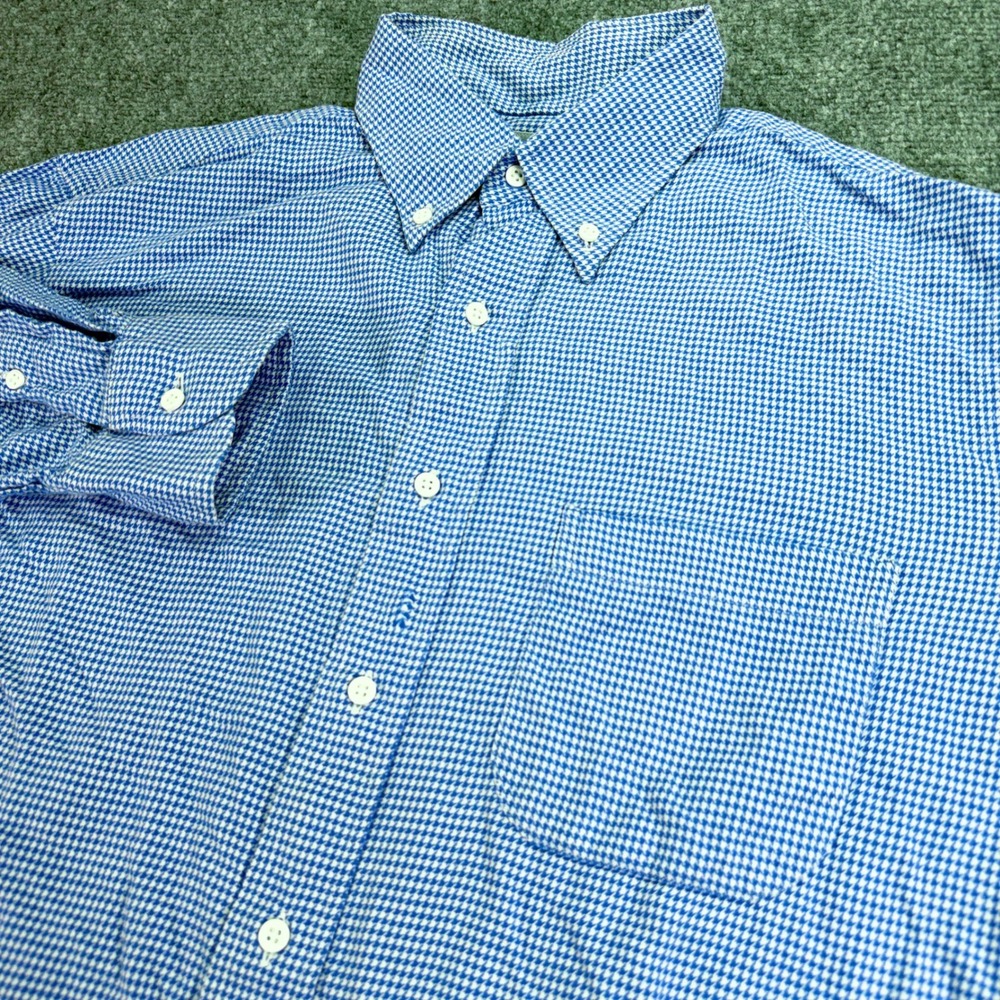 Bullock & Jones Dress‎ Shirt Mens 16 35 Blue Houndstooth Button Down Made in USA